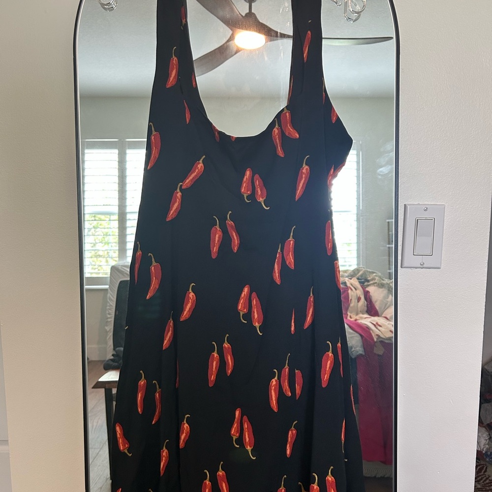 Reformation Black Midi Dress with Red Chili Pepper Print